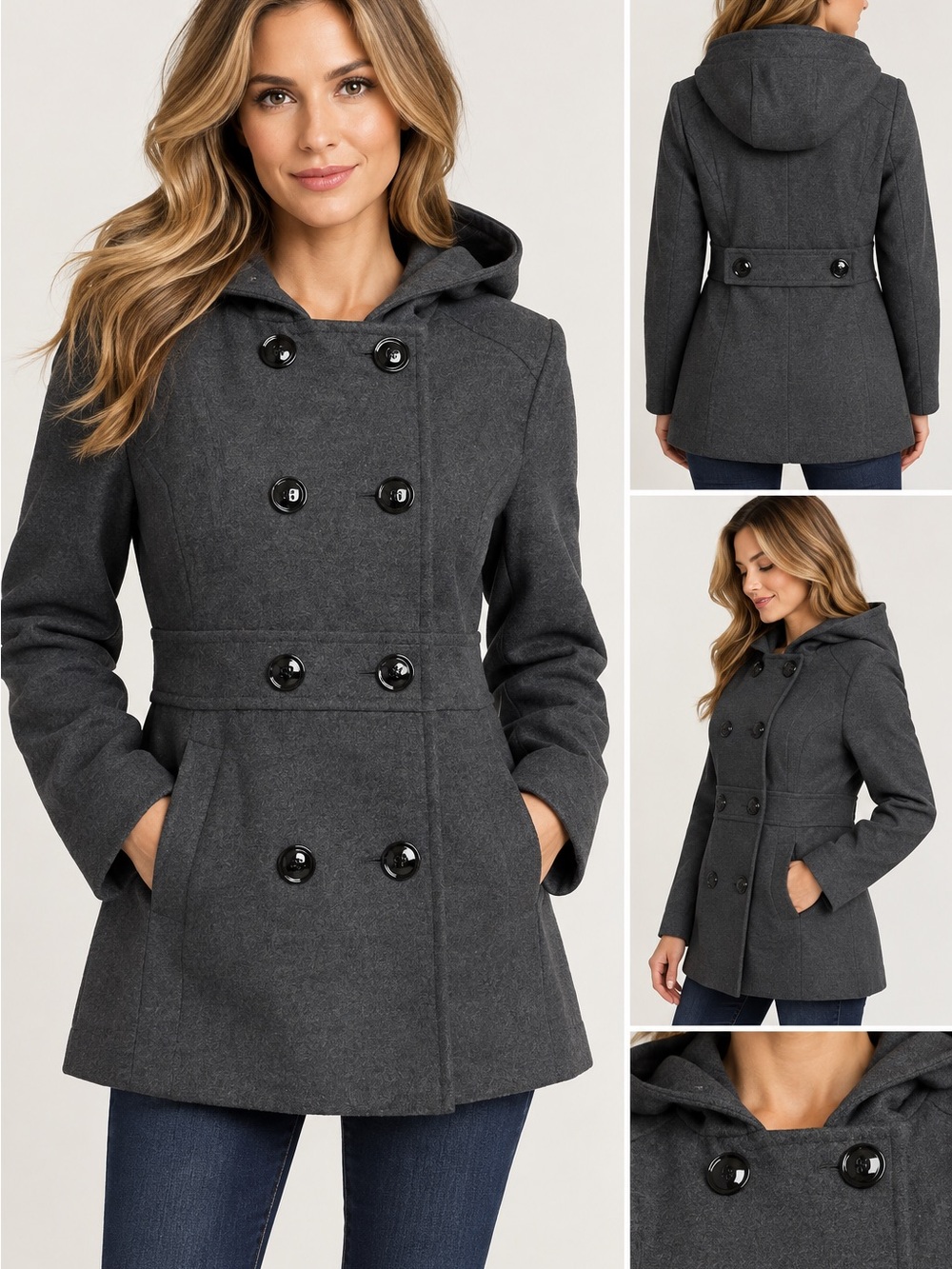 Marvin Richards Charcoal Gray Double-Breasted Hooded Peacoat